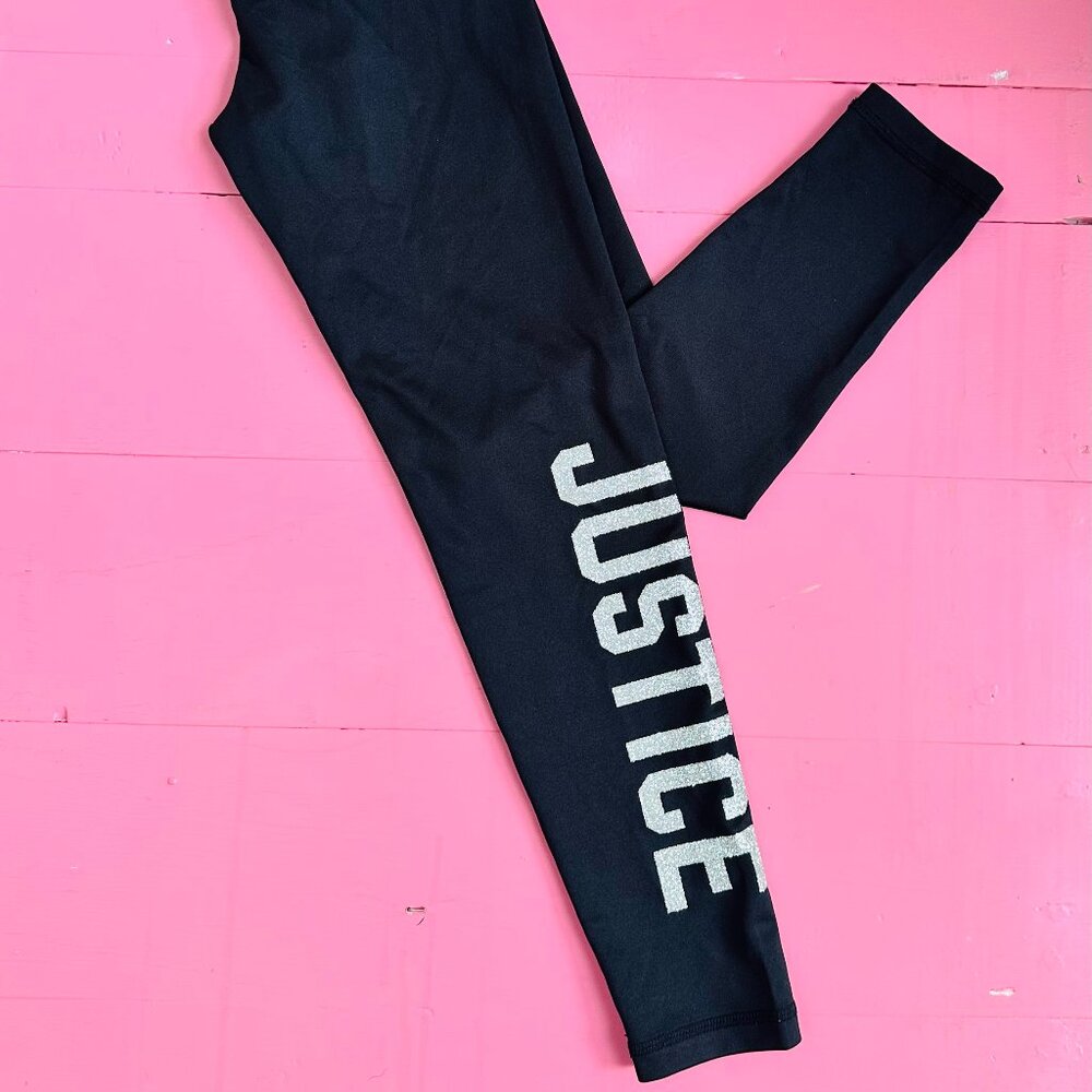 Justice Girls Leggings Size 8 Black Glitter Logo Athletic Pants